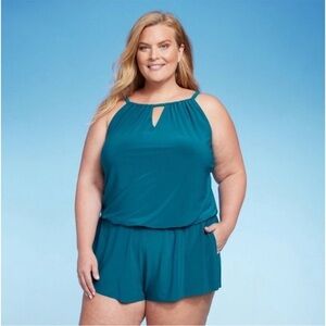 Women's High Neck Swim
Romper with Pockets One Piece Swimsuit Aqua Green Size 17